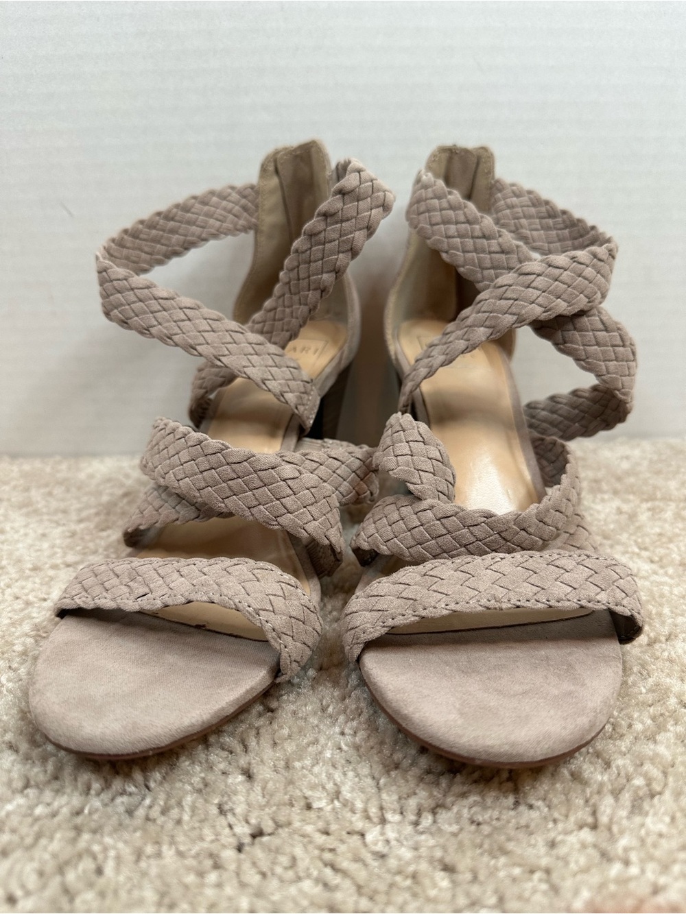 Kaari Blue Taupe Braided Strappy Heeled Sandals, size 8, new without box